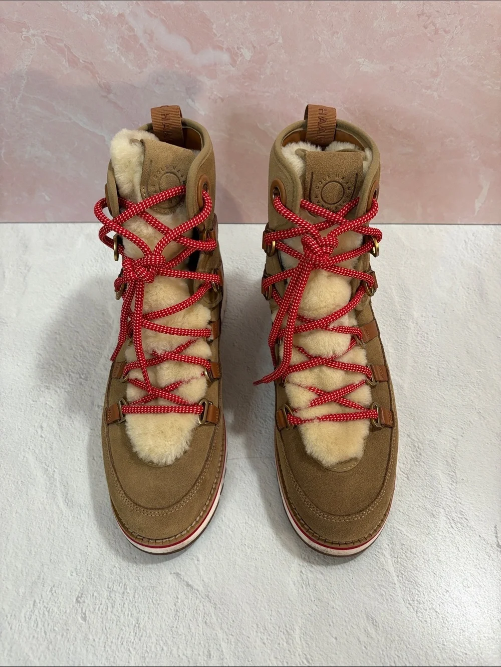 Cole Haan Tan Suede Shearling-Trim Winter Hiker Boots with Red Laces